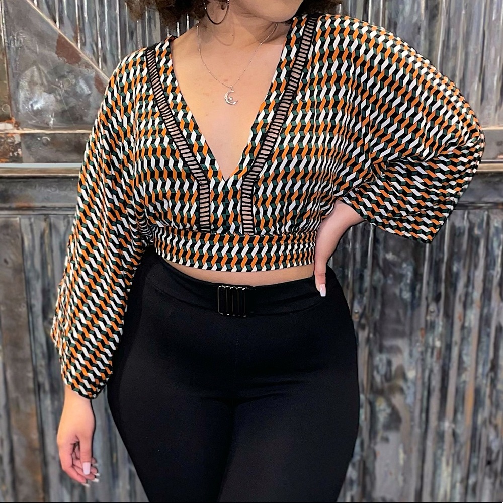 Deep V Neck Flare Arm Top with Elastic Waistband